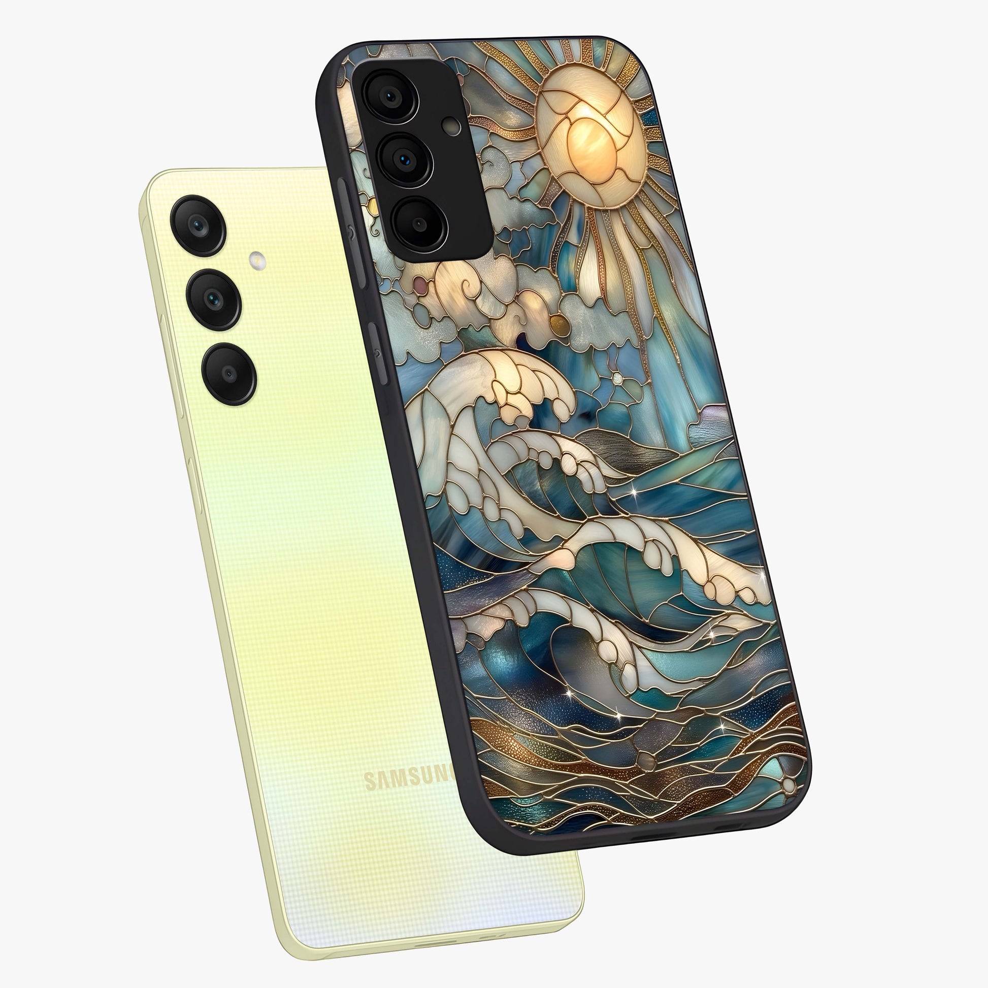 Oceanic Stained Printed Glass Case displayed in angled mockup highlighting colorful aquatic design with artistic aesthetic style.