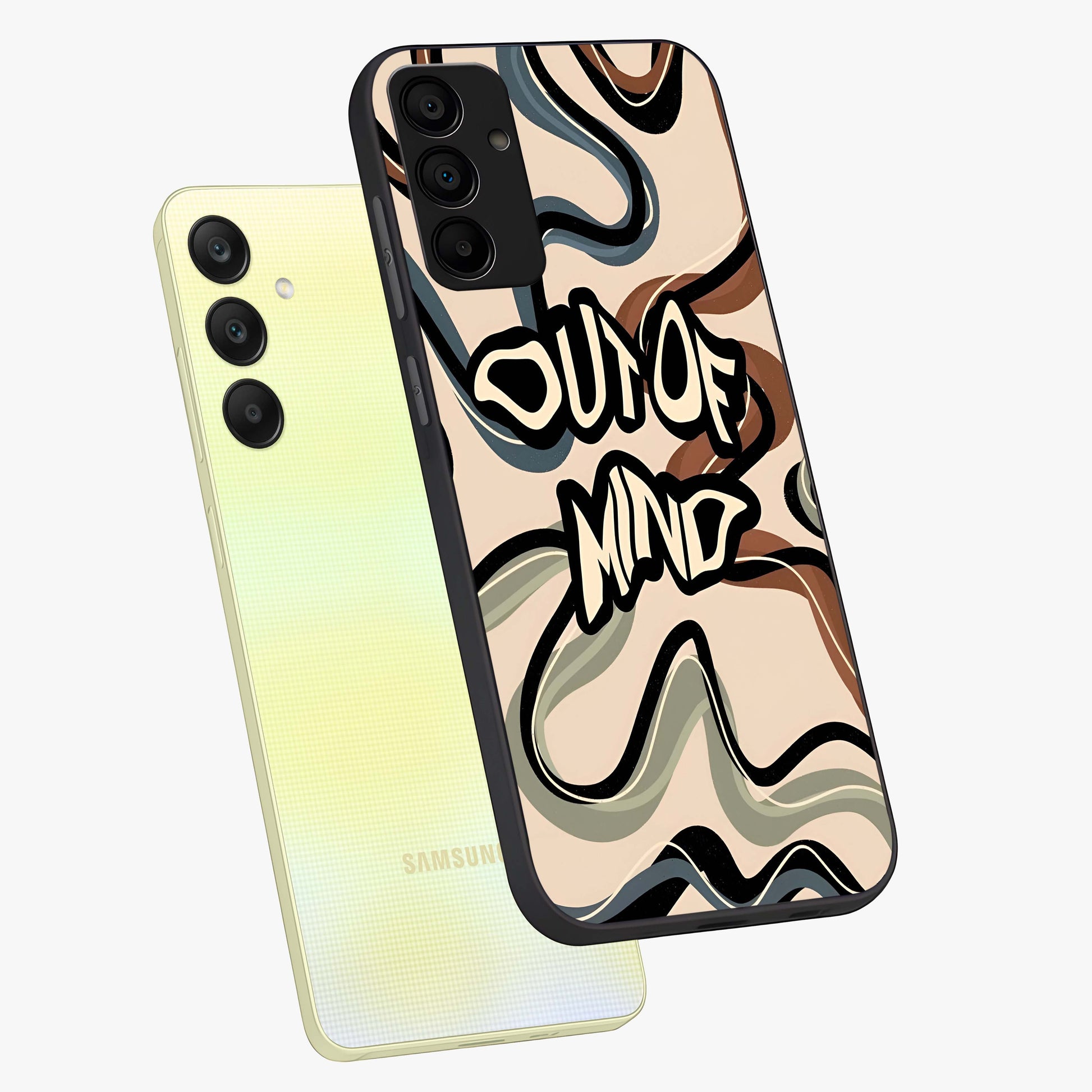 Out Of Mind Glass Case displayed in angled mockup highlighting bold statement design with modern artistic aesthetic.