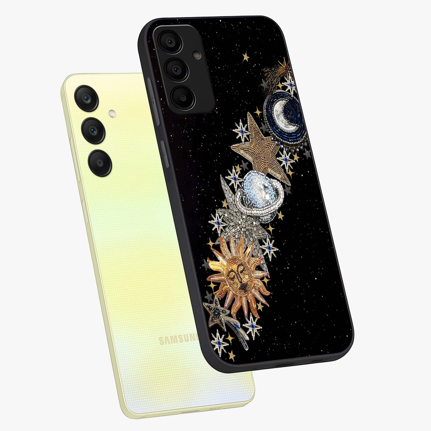 Pearls Universe Object Glass Case displayed in angled mockup highlighting celestial pearl design with dreamy aesthetic.