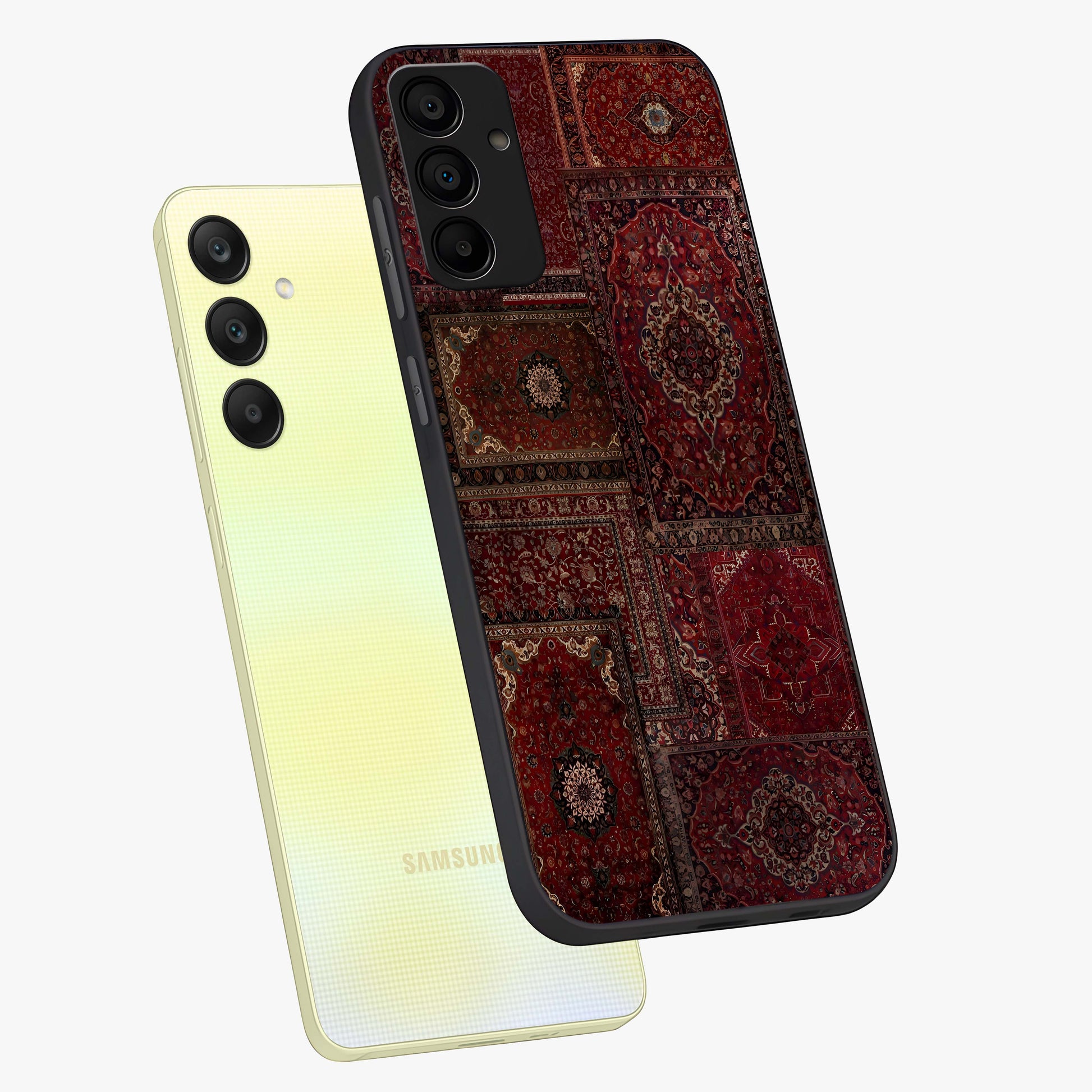 Persian Velvet Tale Glass Case displayed in angled mockup highlighting ornate textile inspired design with royal aesthetic.