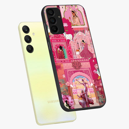 Pink Palace Muse Glass Case displayed in angled mockup highlighting dreamy palace illustration with soft pink aesthetic.