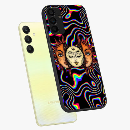 Psychedelic Sun Glass Case displayed in angled mockup highlighting vibrant abstract sun design with artistic aesthetic style.