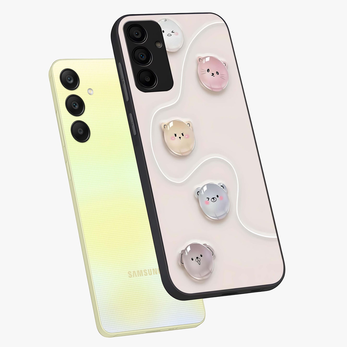 Puffy Face Parade Glass Case displayed in angled mockup highlighting playful cartoon face design with fun aesthetic.