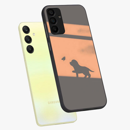 Puppy Shadow Art Glass Case displayed in angled mockup highlighting playful dog illustration with artistic shadow aesthetic.