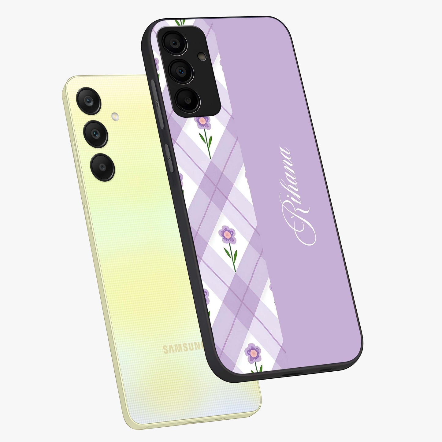 Purple Diamond Floral Glass Case displayed in angled mockup highlighting elegant purple flower design with decorative pattern.