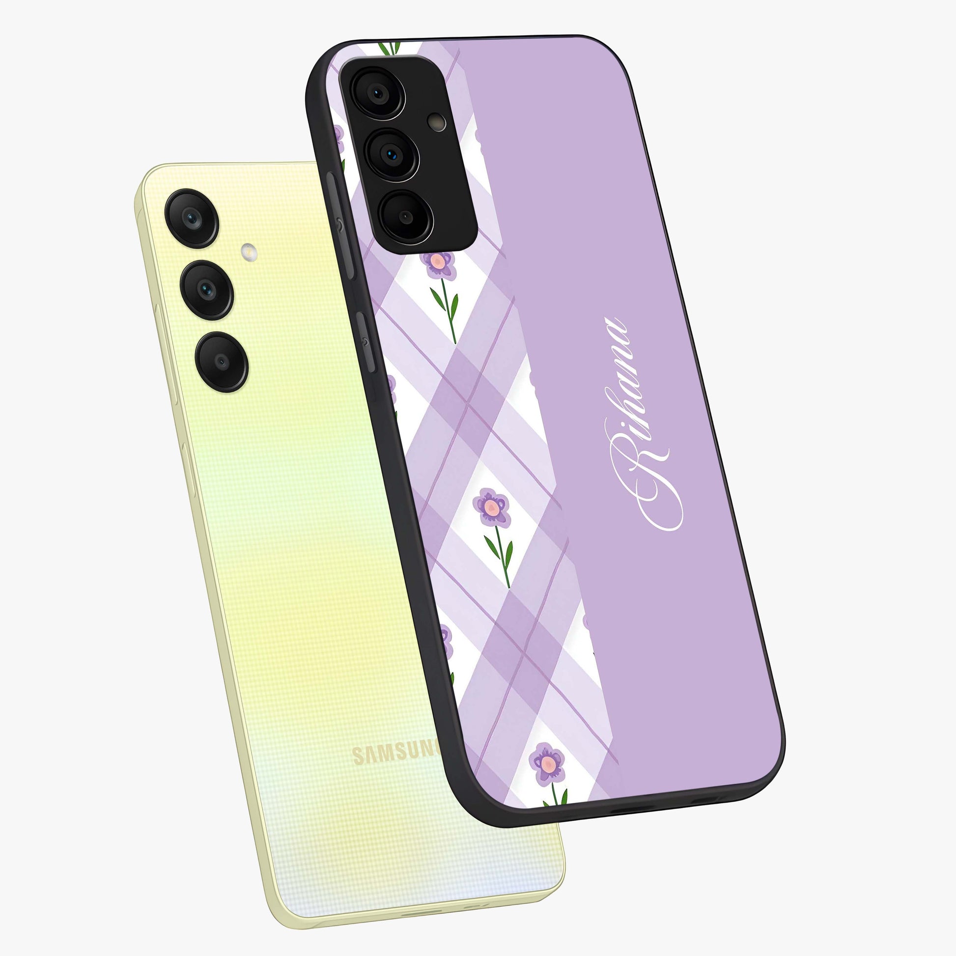 Purple Diamond Floral Glass Case displayed in angled mockup highlighting elegant purple flower design with decorative pattern.