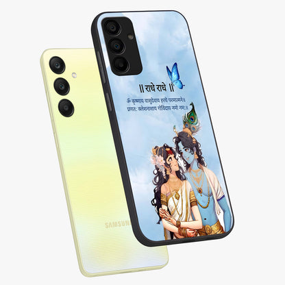 Radha Krishna Eternal Glass Case displayed in angled mockup highlighting divine Radha Krishna illustration with spiritual aesthetic.