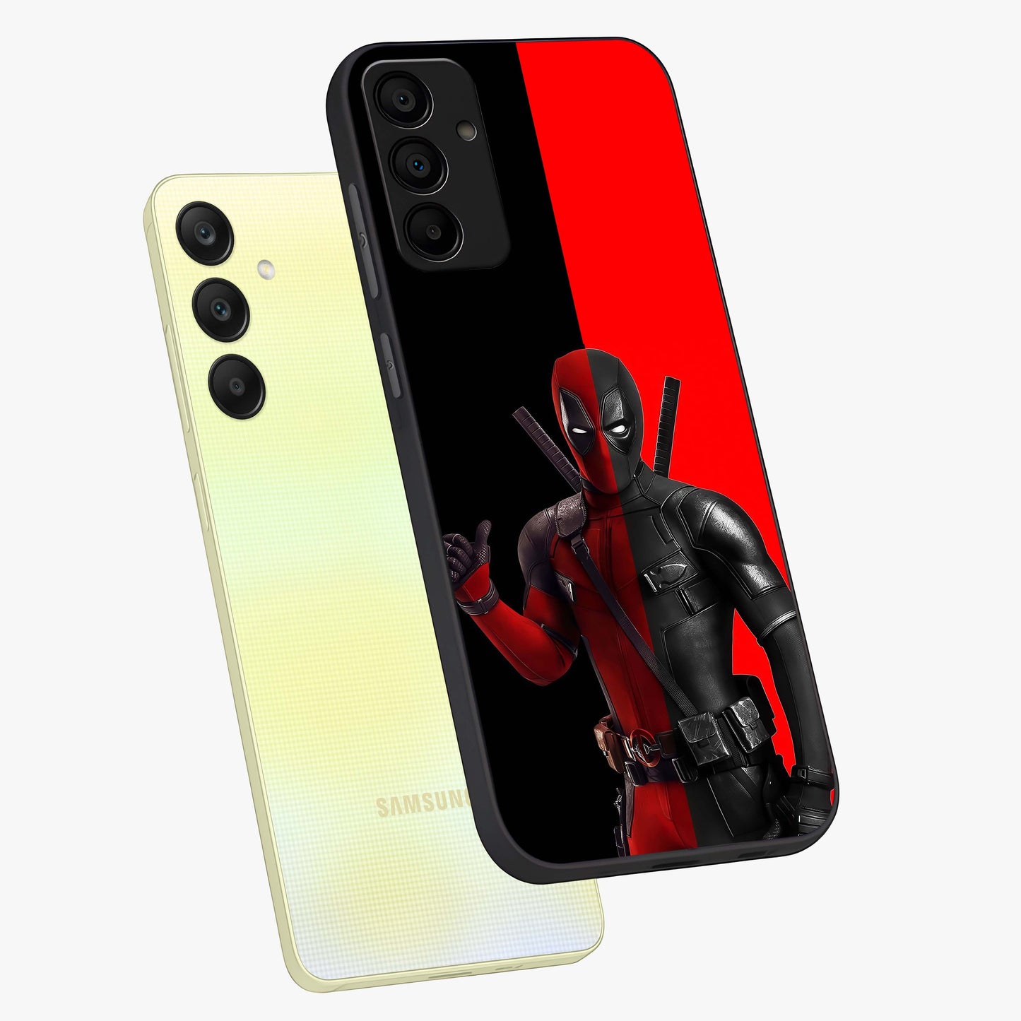 Red & Black Deadpool Theme Glass Case displayed in angled mockup highlighting vibrant superhero style illustration with action aesthetic.