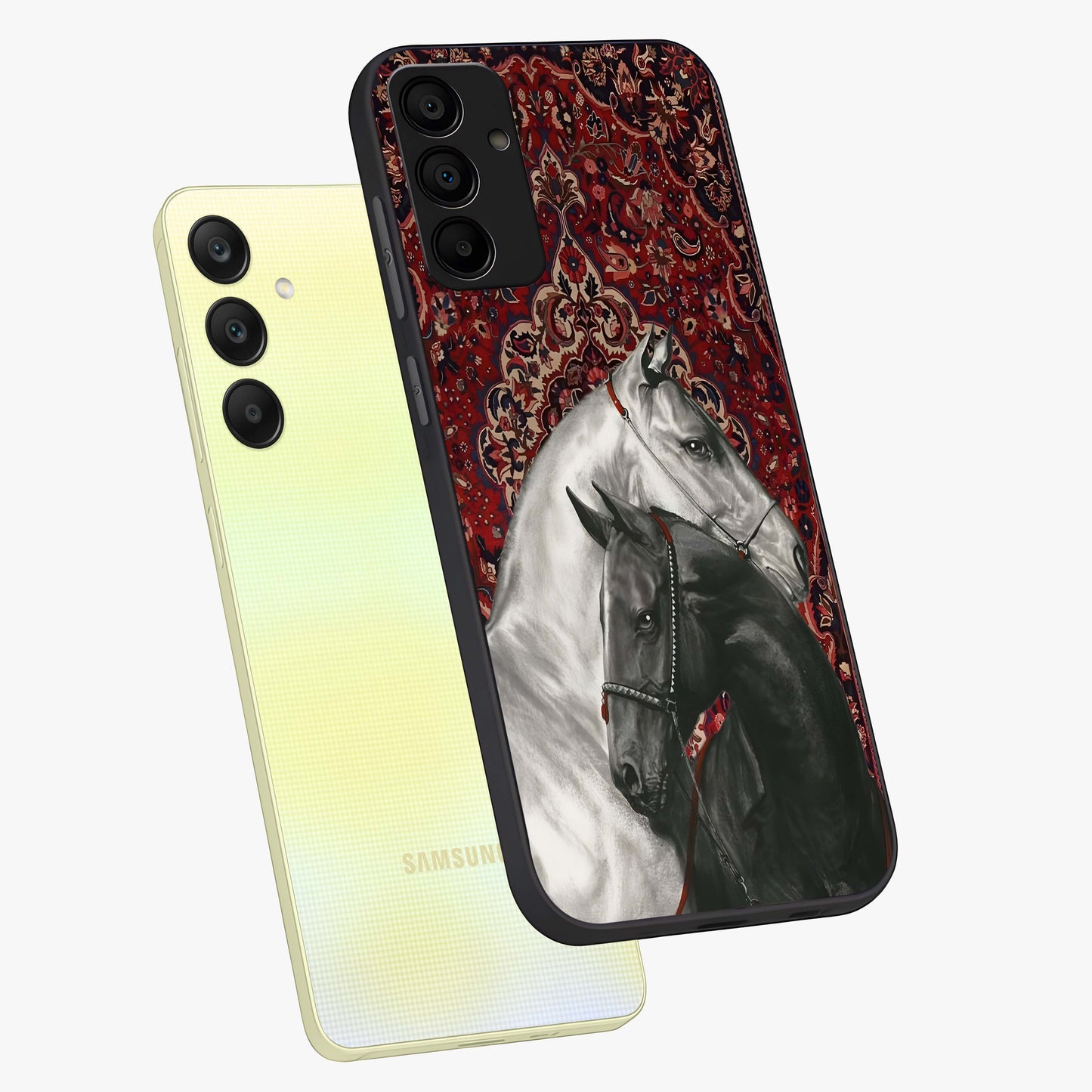 Regal Stallion Tapestry Glass Case displayed in angled mockup highlighting royal stallion design with decorative heritage aesthetic.