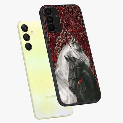 Regal Stallion Tapestry Glass Case displayed in angled mockup highlighting royal stallion design with decorative heritage aesthetic.