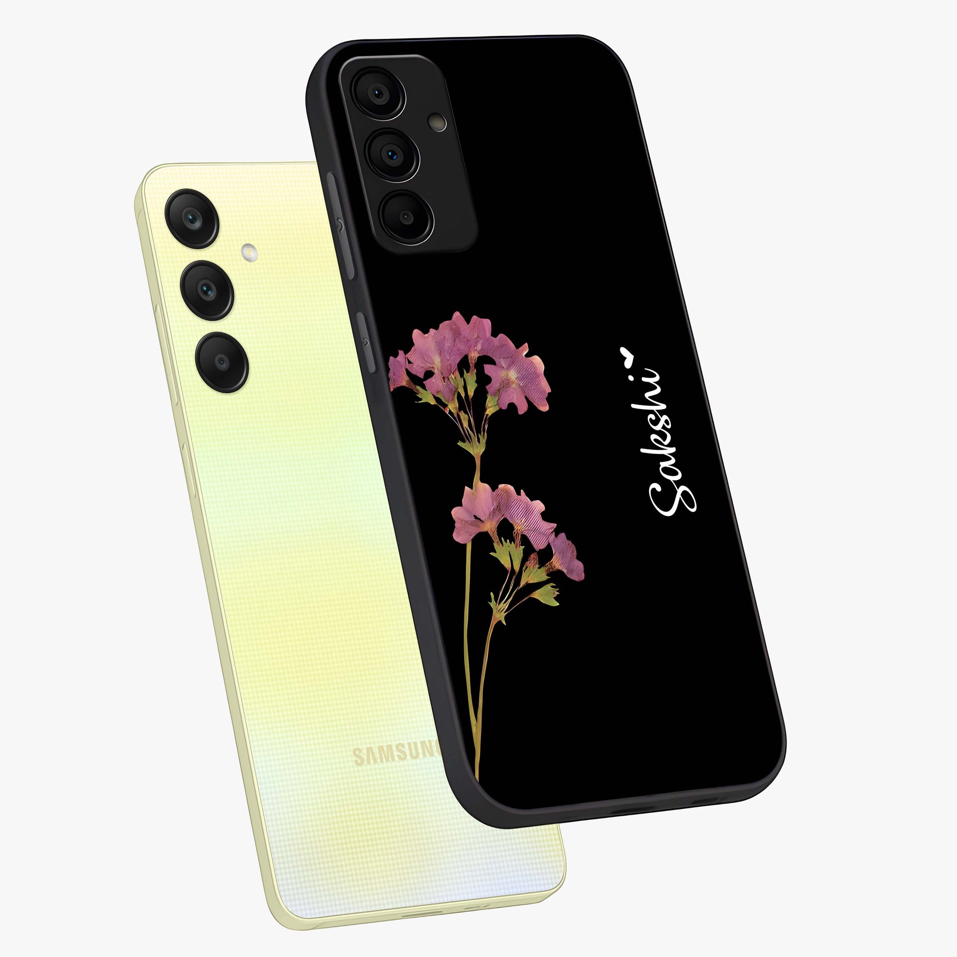Riching Lavender Flower Custom Name Glass Case displayed in angled mockup highlighting delicate lavender flower design with custom name feature.
