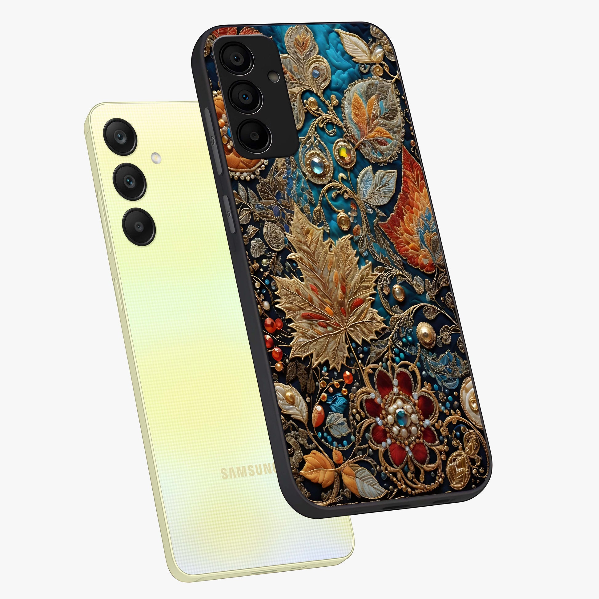 Royal Jewel Garden Glass Case displayed in angled mockup highlighting vibrant jewel inspired floral design with elegant aesthetic.