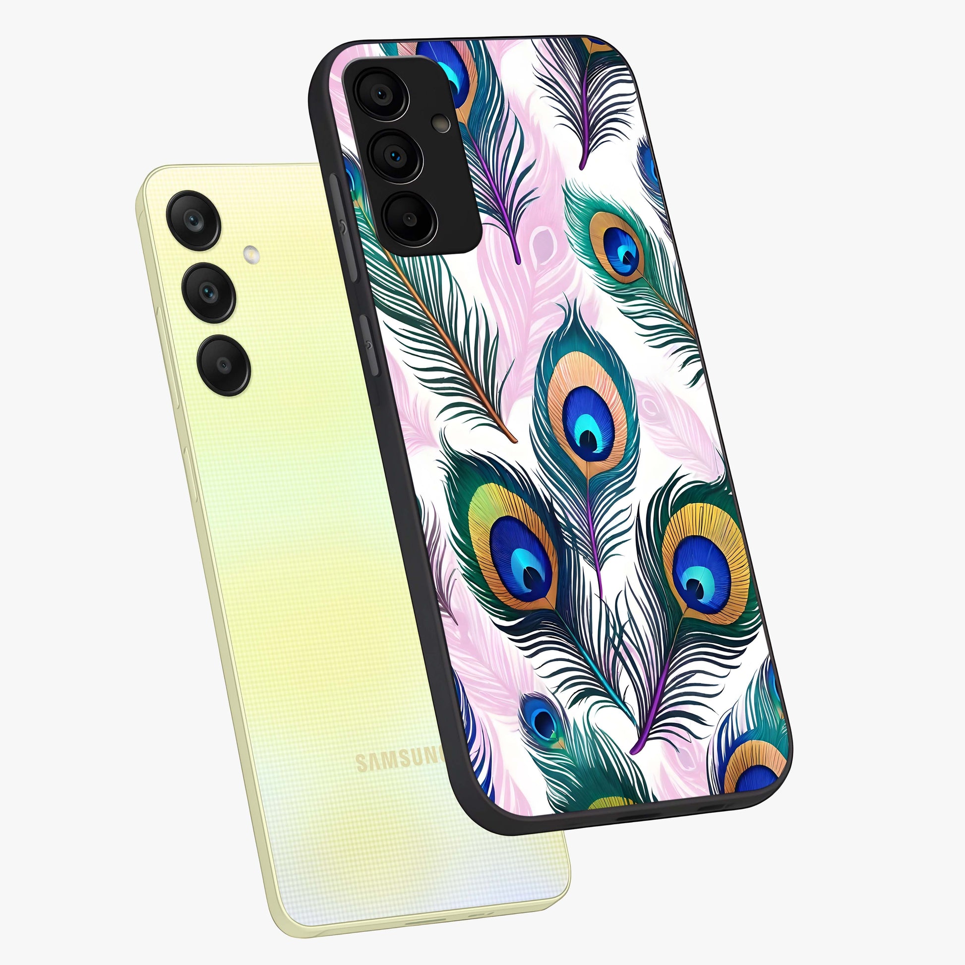 Royal Peacock Feathers Glass Case displayed in angled mockup highlighting vibrant feather pattern with regal aesthetic style.