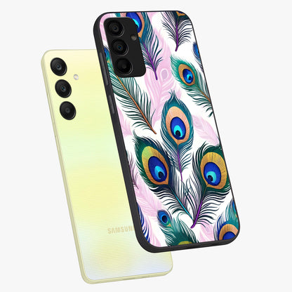 Royal Peacock Feathers Glass Case displayed in angled mockup highlighting vibrant feather pattern with regal aesthetic style.