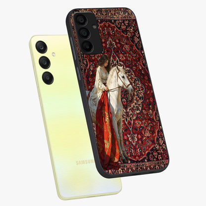 Royal Rider Tapestry Glass Case displayed in angled mockup highlighting traditional tapestry design with royal heritage aesthetic.