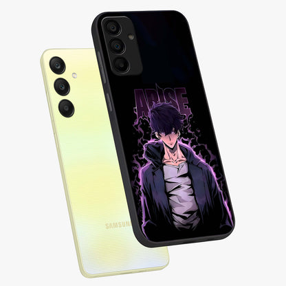 Shadow Monarch Awakening Glass Case displayed in angled mockup highlighting dramatic shadow warrior design with fantasy aesthetic.