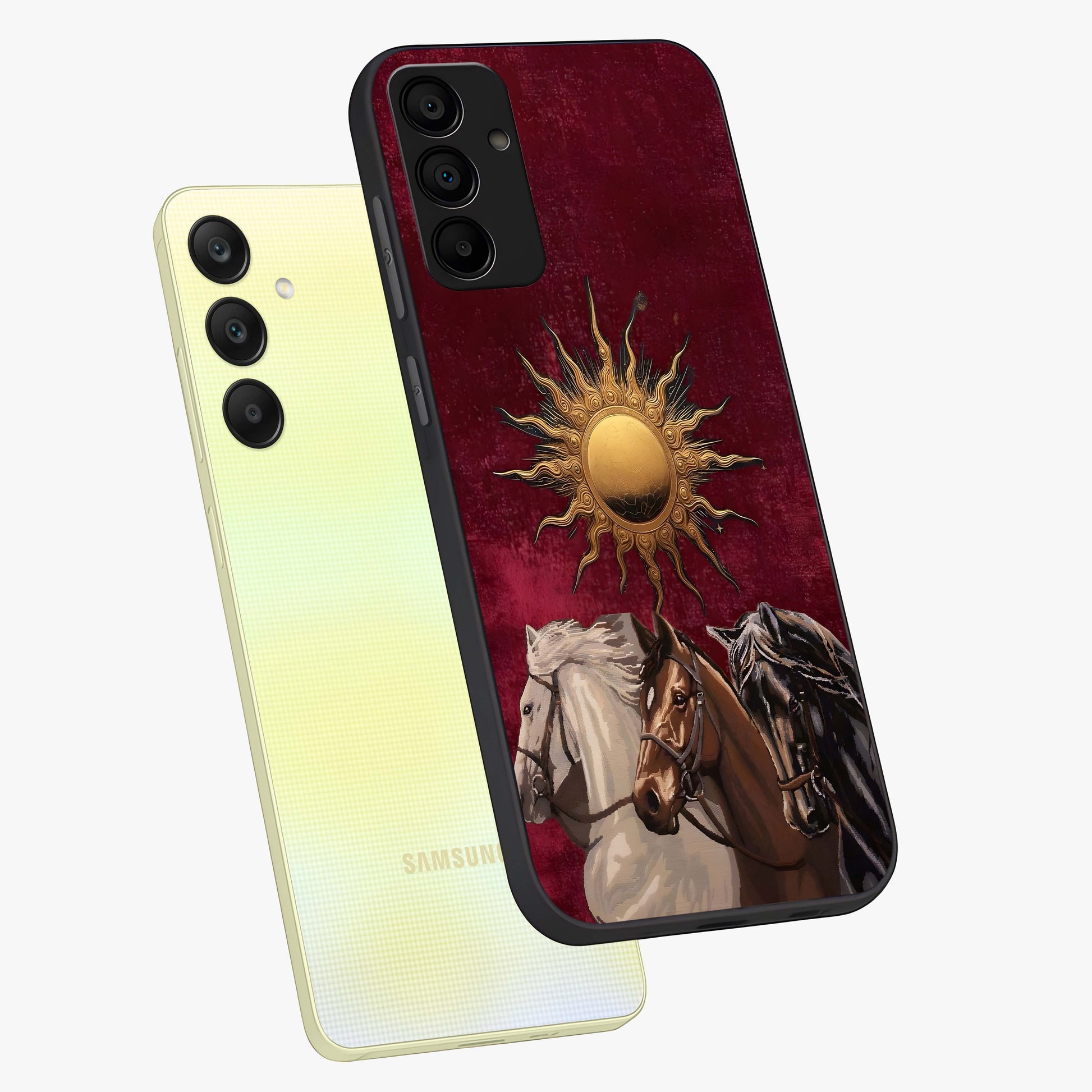 Solar Riders Glass Case displayed in angled mockup highlighting powerful rider illustration with radiant solar aesthetic.