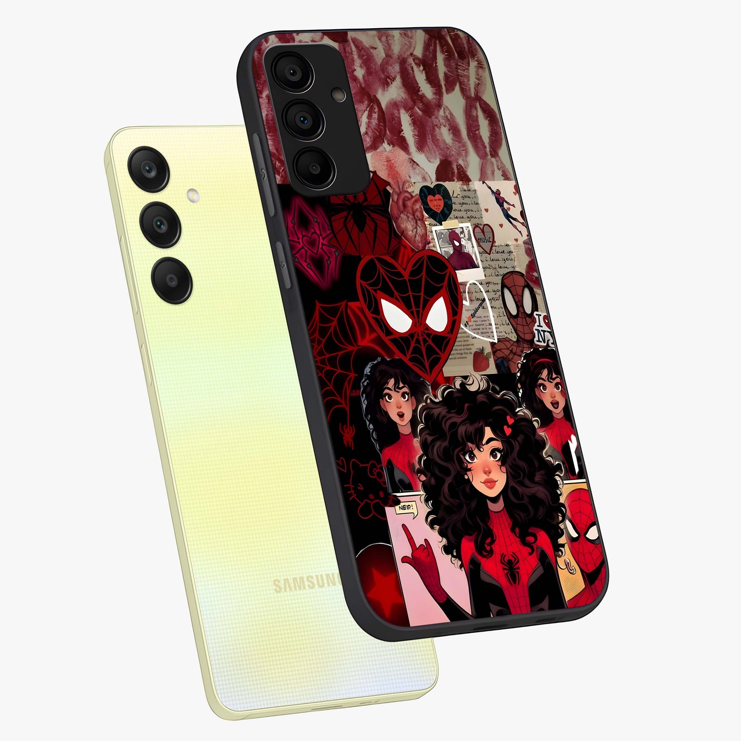 Spider Love Story Glass Case displayed in angled mockup highlighting expressive comic inspired design with playful aesthetic.