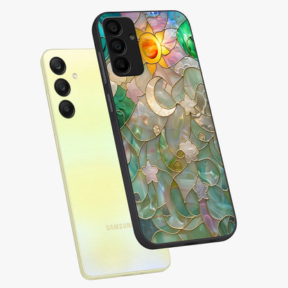 Stained Sunrise Glow Glass Case displayed in angled mockup highlighting radiant sunrise design with artistic aesthetic style.