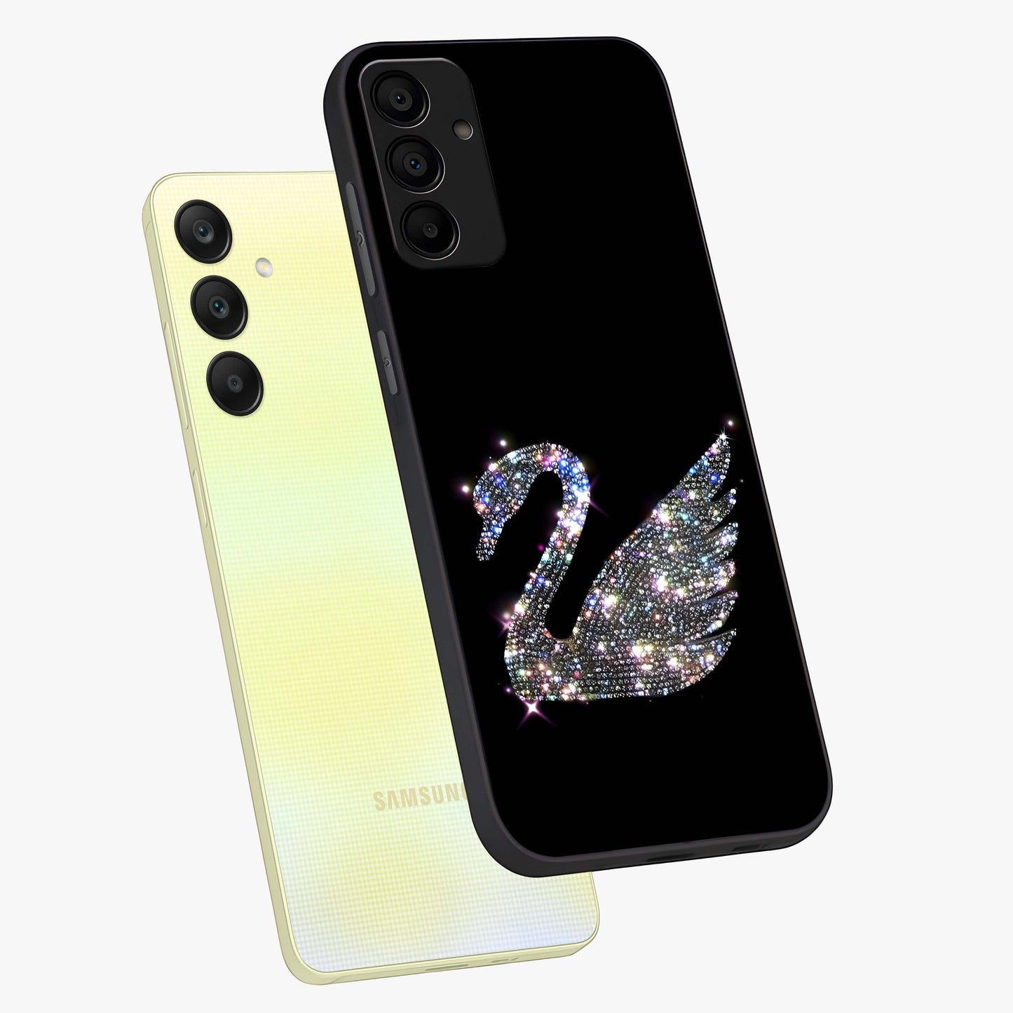 Starlit Swan Grace Glass Case displayed in angled mockup highlighting elegant swan illustration with dreamy celestial aesthetic.