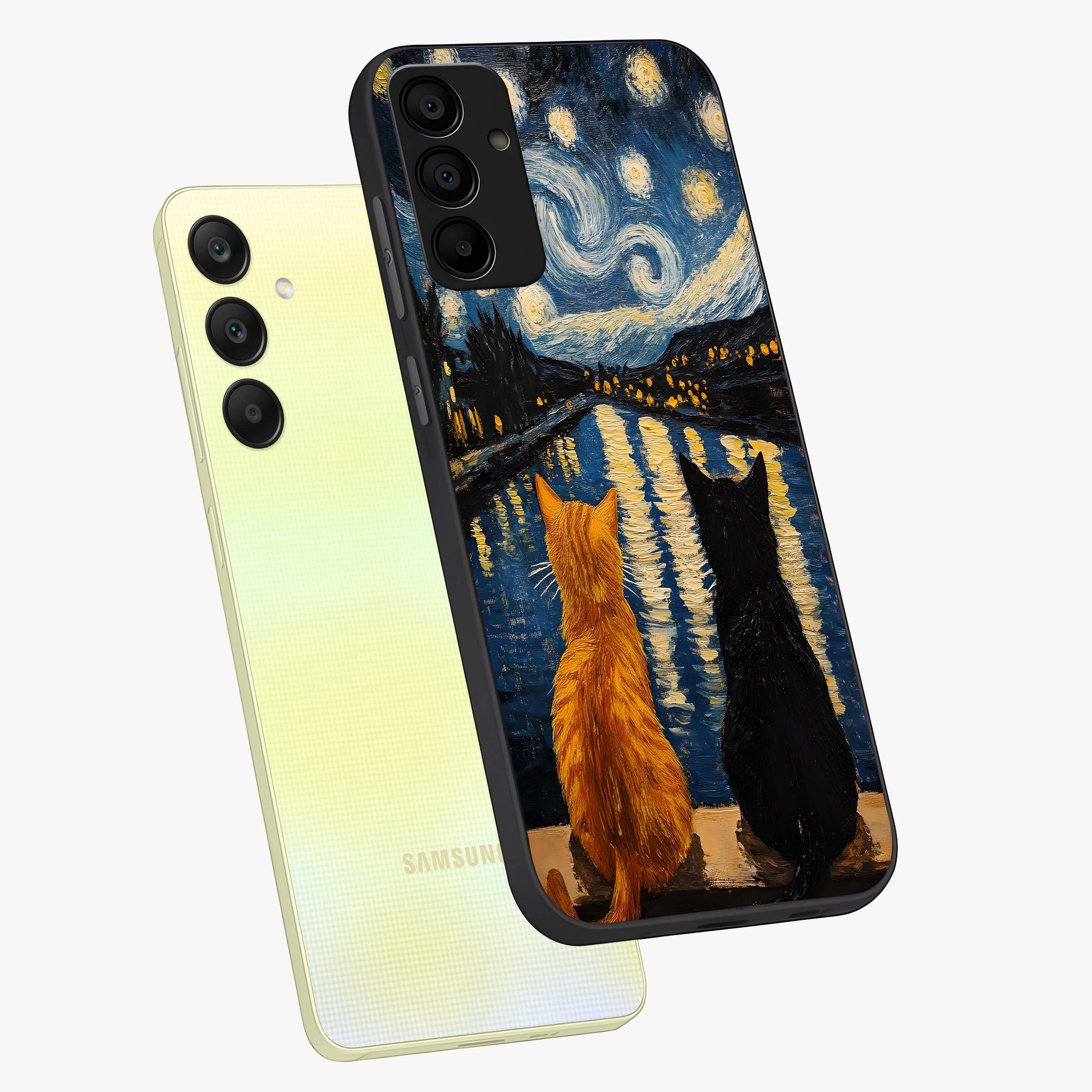 Starry River Cats Glass Case displayed in angled mockup highlighting charming feline illustration with dreamy night aesthetic.