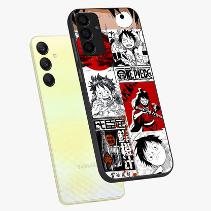 Strawhat Chaos Panels Glass Case displayed in angled mockup highlighting vibrant anime collage design with action aesthetic.