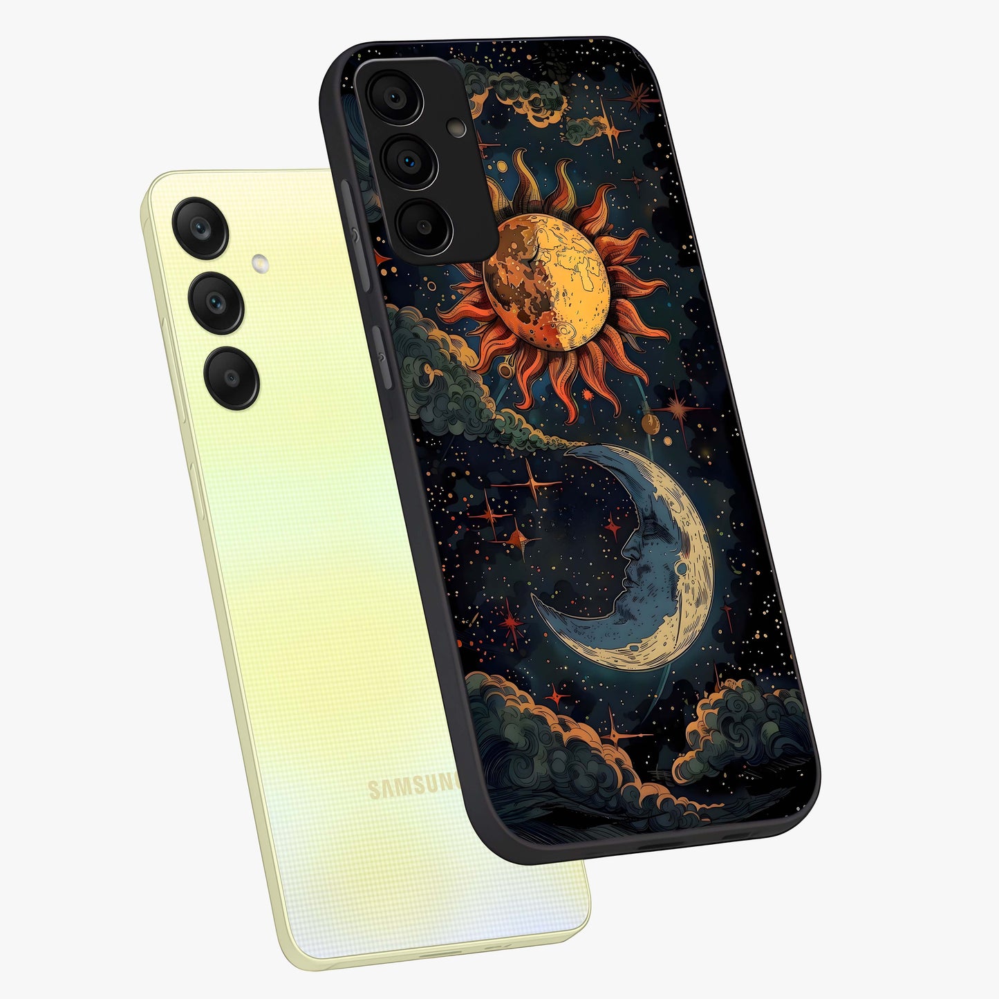 Sun And Moon Magic Design Glass Case displayed in angled mockup highlighting celestial design with magical cosmic aesthetic.