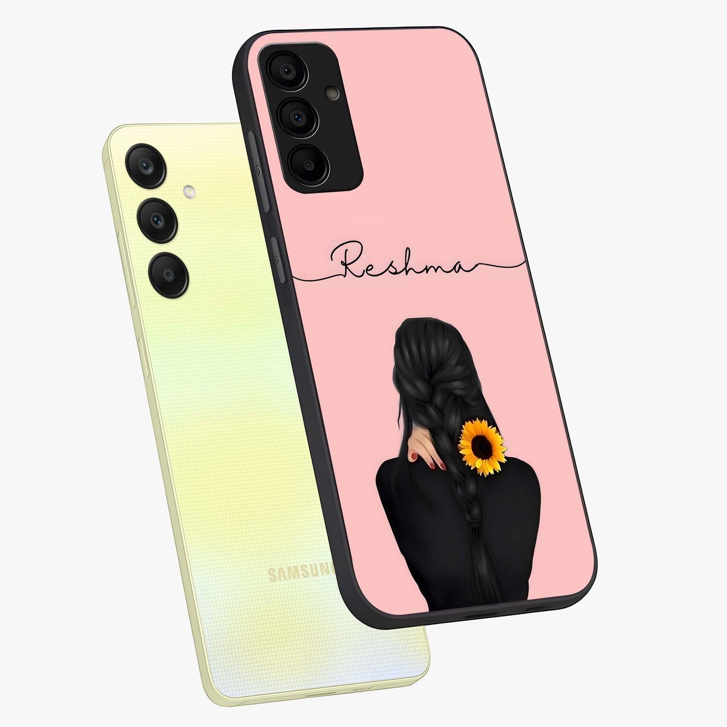 Sunflower Braid Beauty With Custom Name Glass Case displayed in angled mockup highlighting elegant sunflower design with custom name feature.