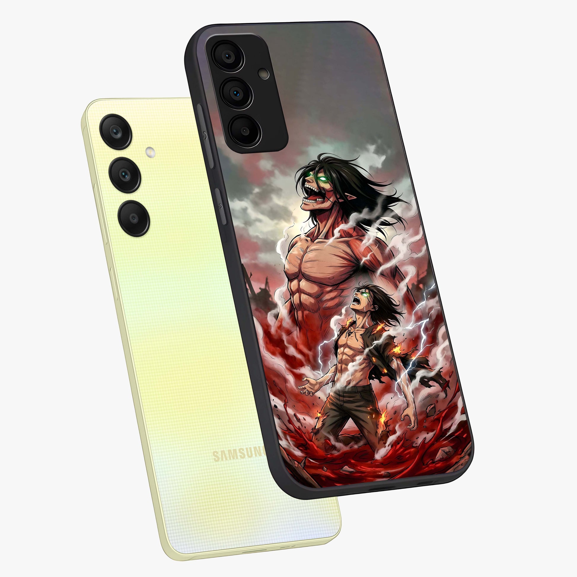 Titan Awakening Fury Glass Case displayed in angled mockup highlighting dramatic giant warrior design with bold anime aesthetic.