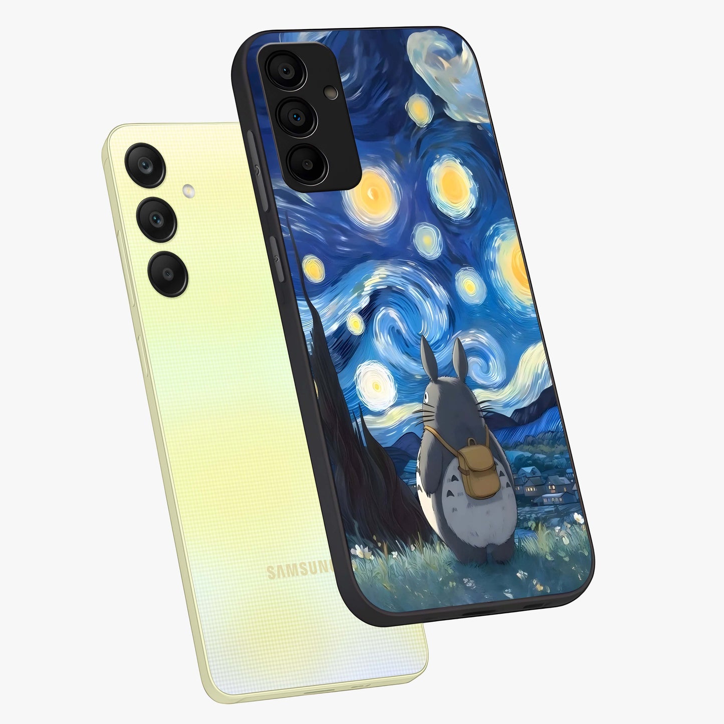 Totoro In Van Gogh Art Glass Case displayed in angled mockup highlighting artistic swirling sky design with playful animation aesthetic.