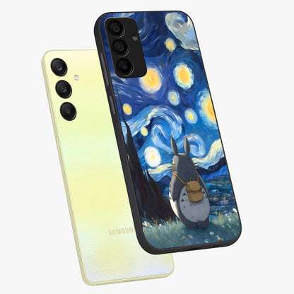 Totoro In Van Gogh Art Glass Case displayed in angled mockup highlighting artistic swirling sky design with playful animation aesthetic.