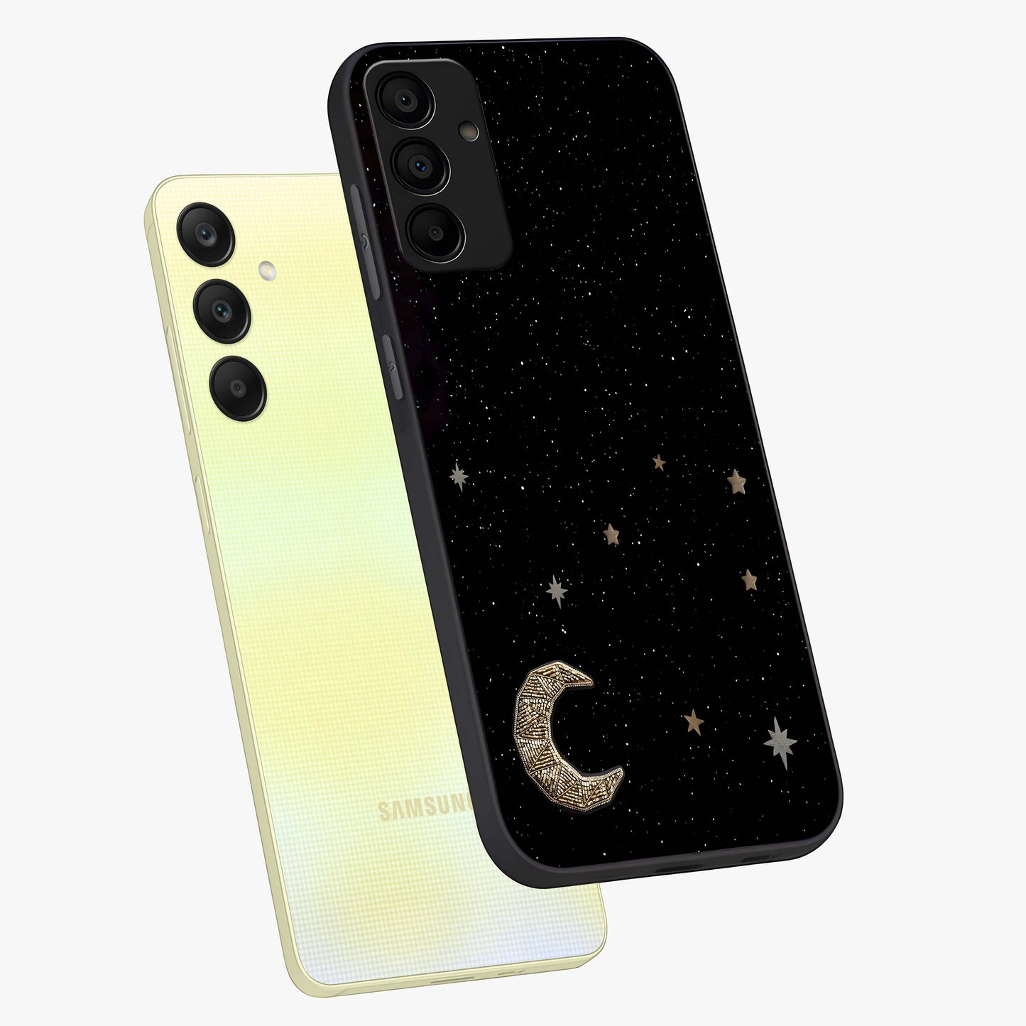 Twinkle Star With Half Moon Glass Case displayed in angled mockup highlighting celestial moon and star design with magical aesthetic.