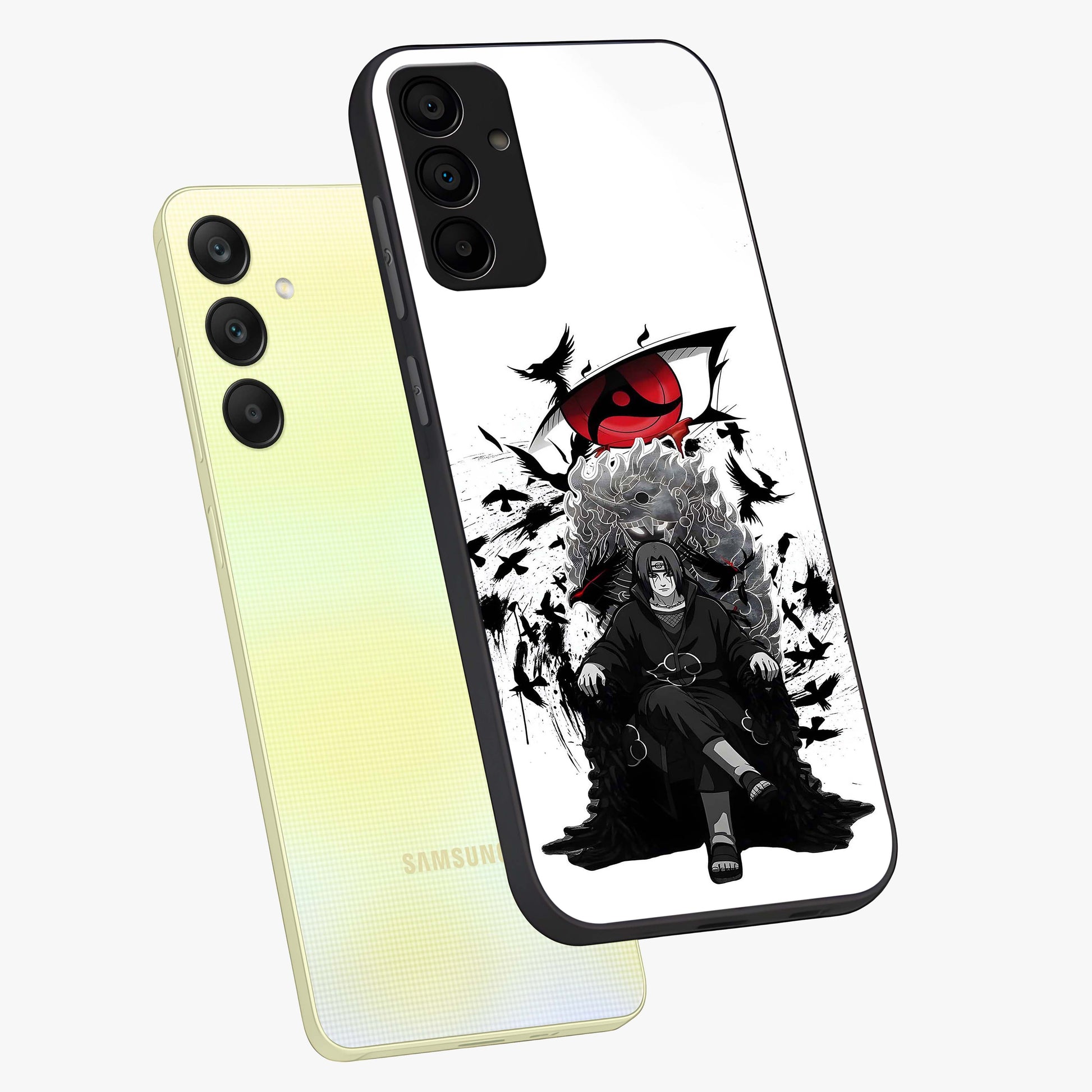 Uchiha Shadow Throne Glass Case displayed in angled mockup highlighting glowing aquatic design with celestial aesthetic.