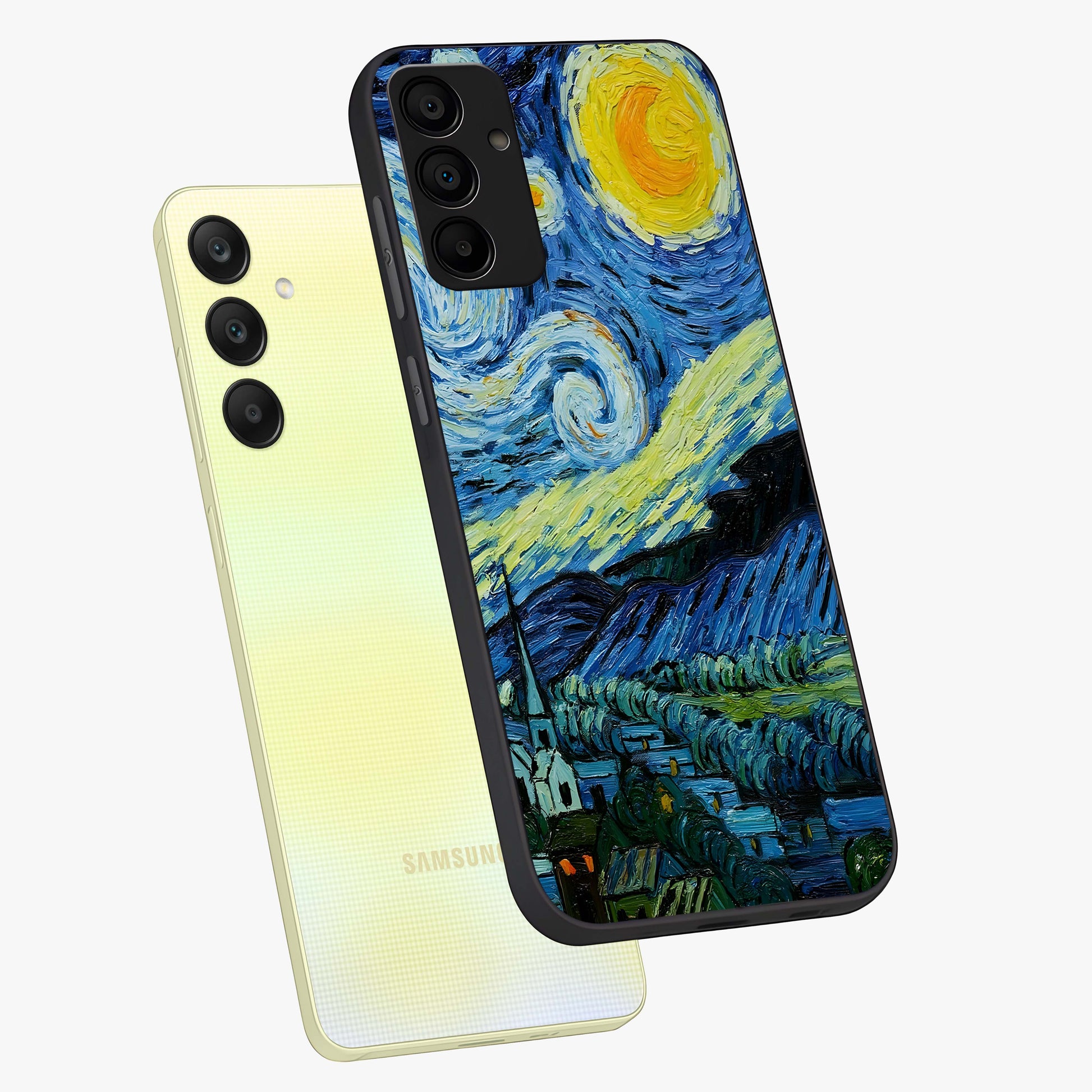 Van Gogh Art Glass Case displayed in angled mockup highlighting swirling brushstroke design with artistic aesthetic.
