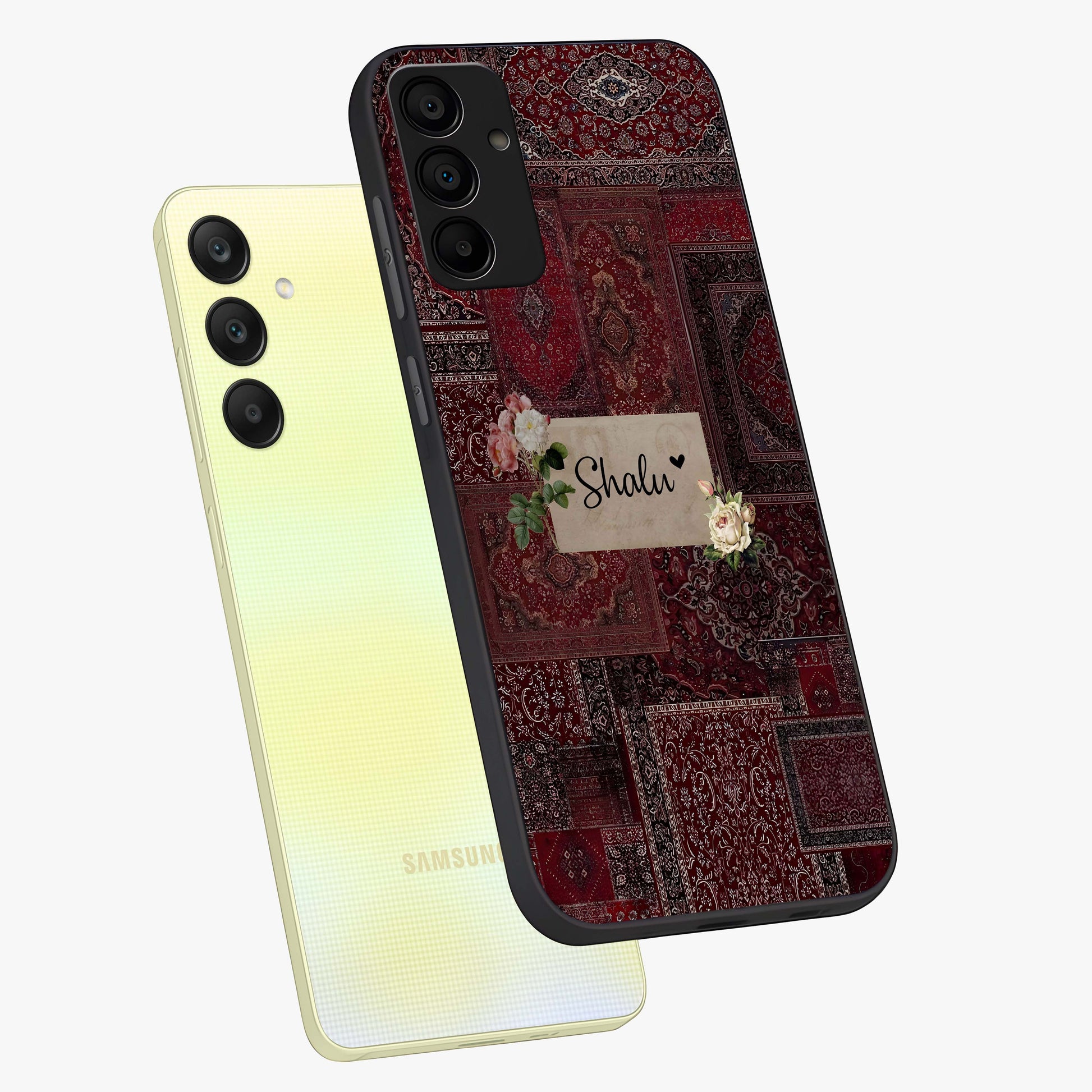 Velvet Wine Pattern Custom Name Glass Case displayed in angled mockup highlighting decorative velvet inspired design with custom name feature.