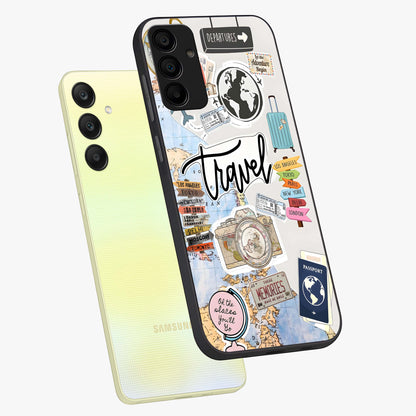 Wanderlust Journal Glass Case displayed in angled mockup highlighting adventure themed design with aesthetic travel vibe.