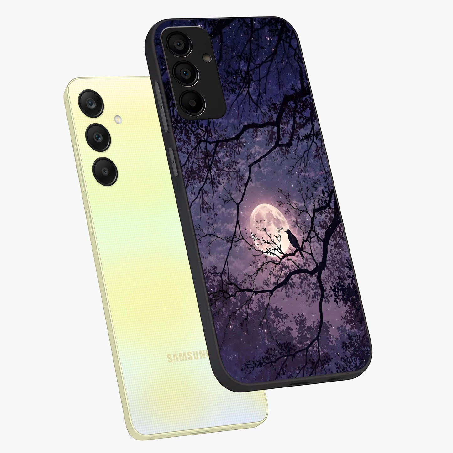 Whispering Moon Silence Glass Case displayed in angled mockup highlighting calm lunar design with dreamy night aesthetic.