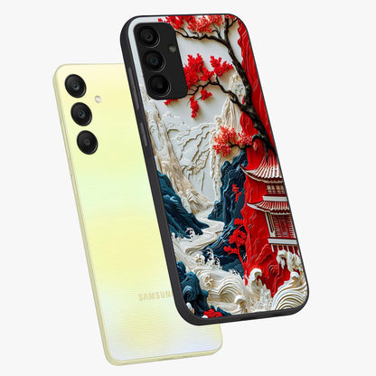 Whispers Of Sakura Waves Glass Case displayed in angled mockup highlighting flowing sakura design with soft floral aesthetic.