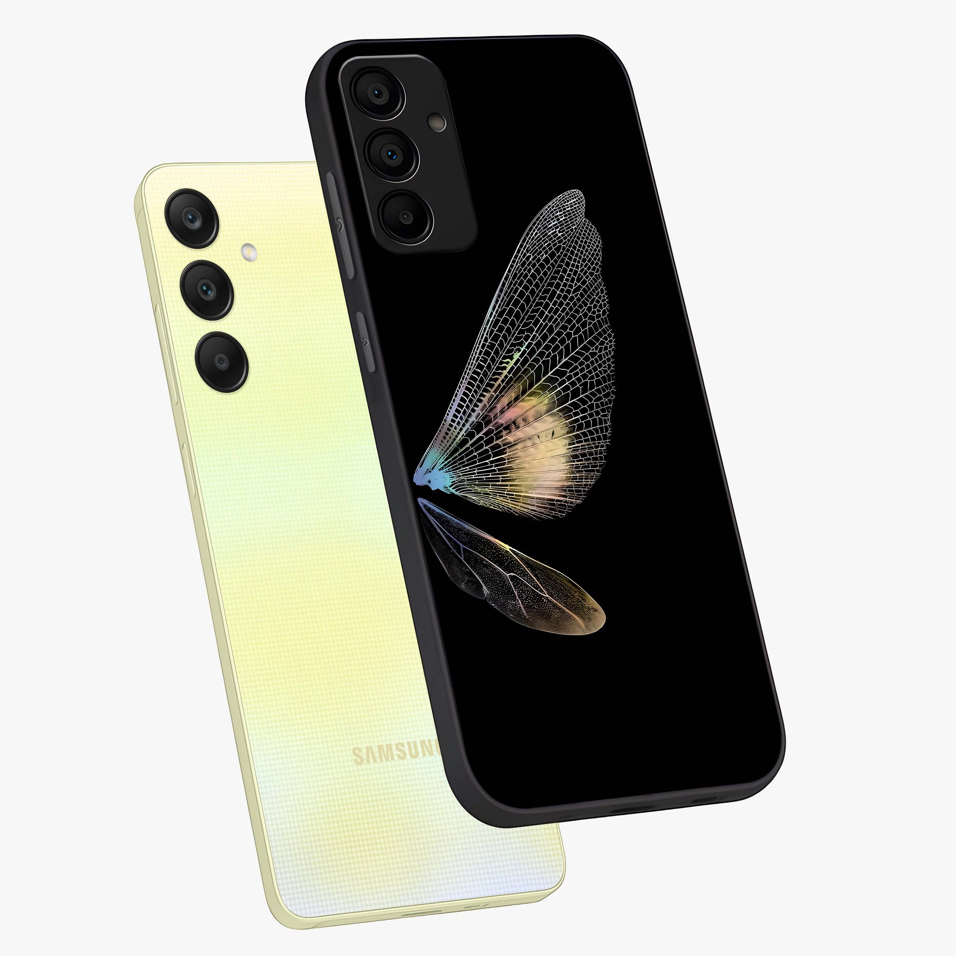 Whispers Of Wings Glass Case displayed in angled mockup highlighting soft feather design with celestial aesthetic style.