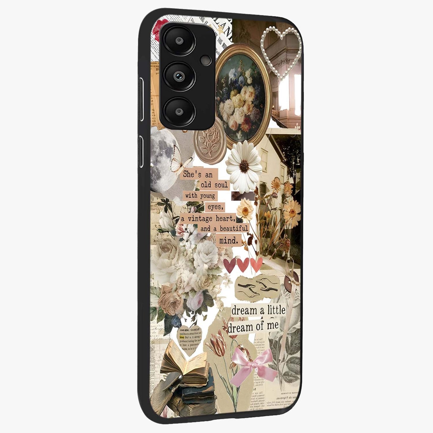Aesthetic Brown Vintage Collage Glass Case upright view showcasing nostalgic retro artwork with stylish vintage theme.