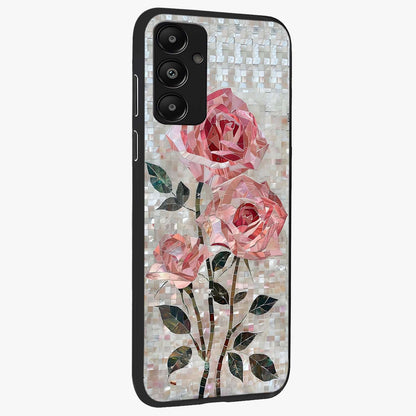Blush Mosaic Bloom Glass Case upright view showcasing decorative floral mosaic artwork with stylish modern aesthetic.
