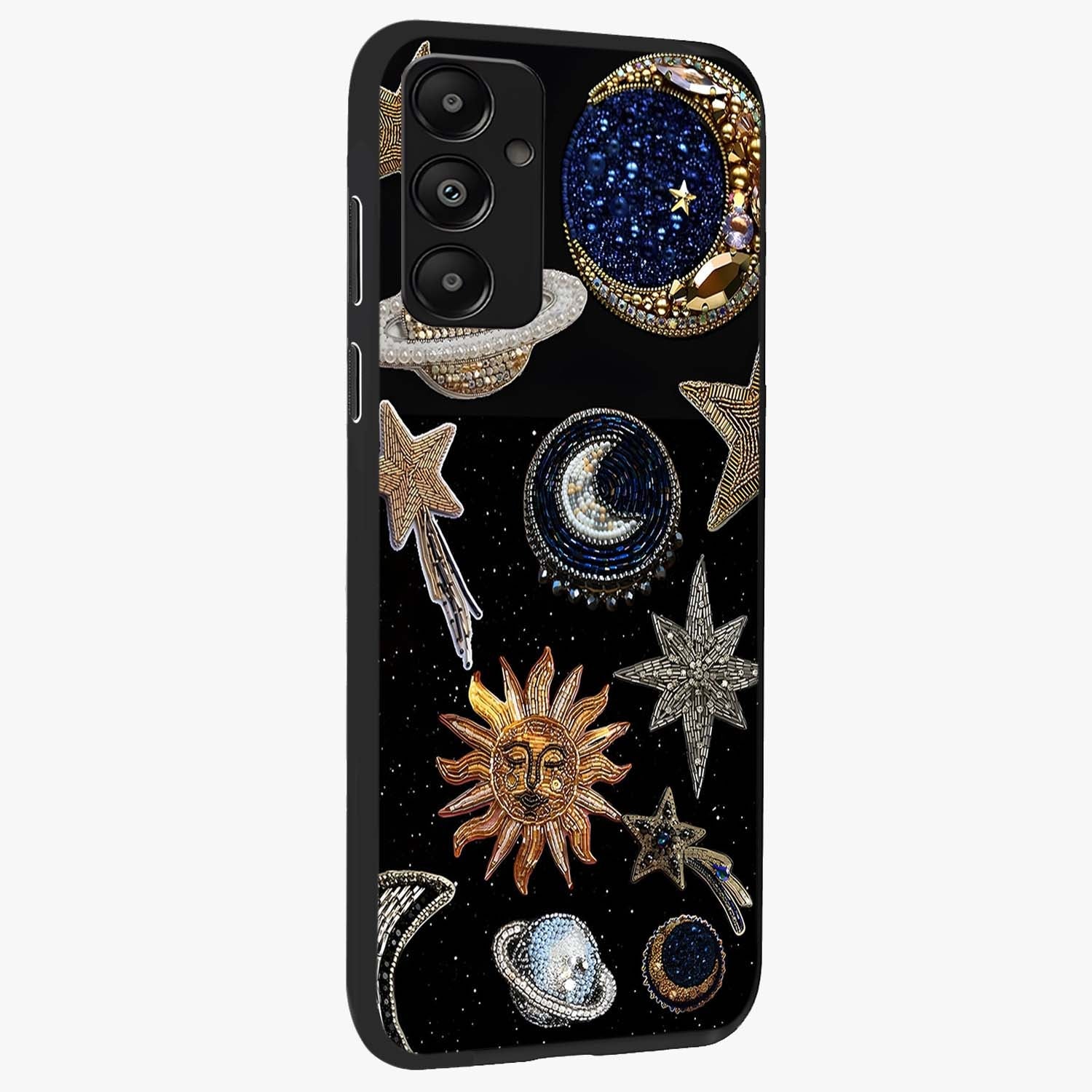Celestial Gem Constellations Glass Case upright view showcasing cosmic constellation artwork with celestial aesthetic style.