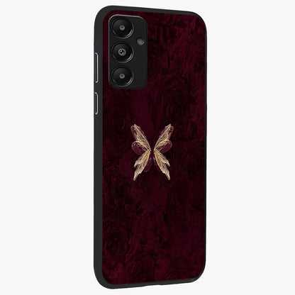 Crimson Fade Butterfly Glass Case upright view showcasing graceful butterfly artwork with soft crimson fade effect.