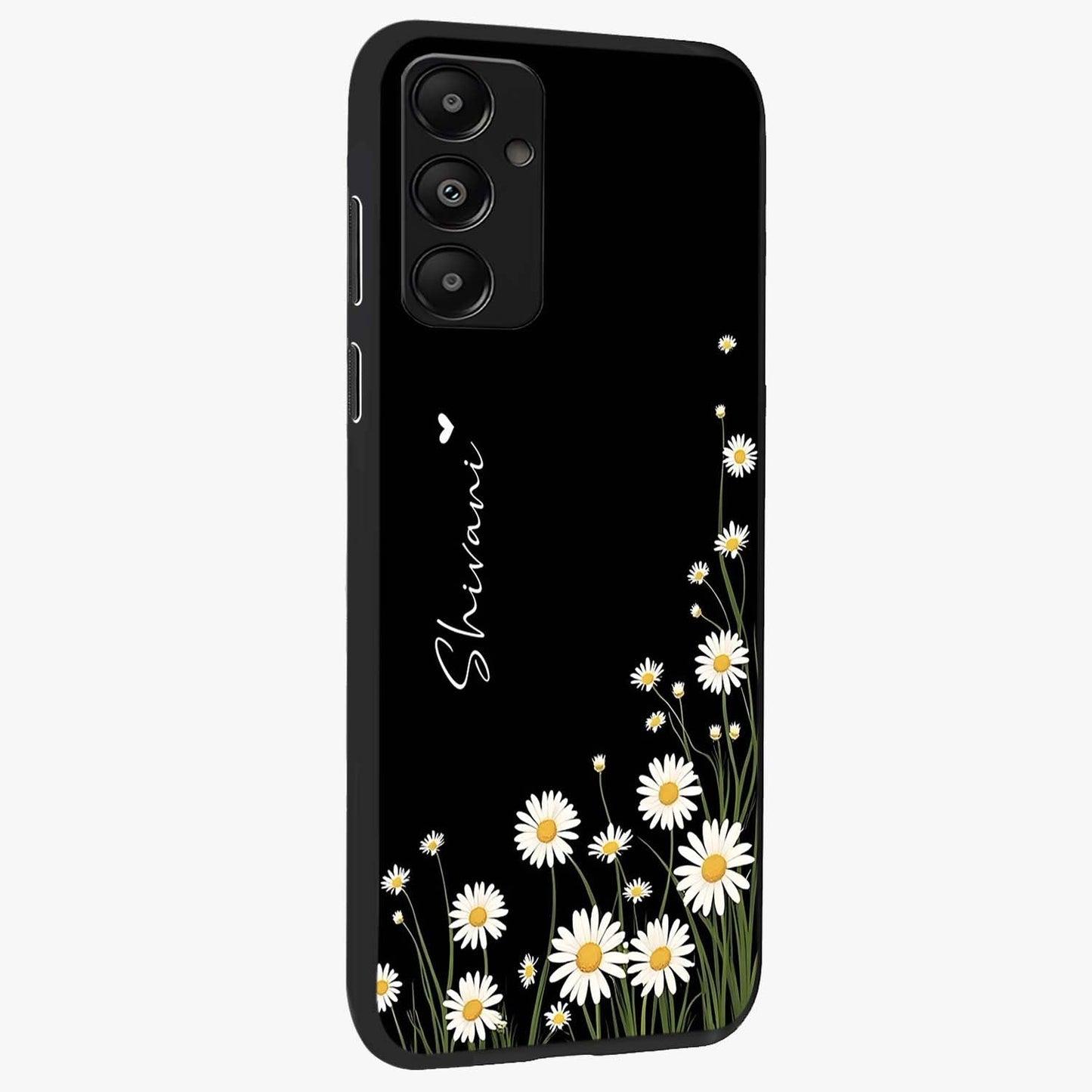 Daisy Cascade Custom Name Glass Case upright view showcasing elegant floral cascade design with personalized aesthetic.