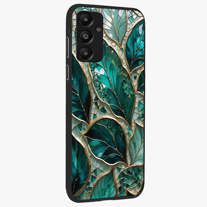 Emerald Leaf Glass Glass Case upright view showcasing fresh green leaf artwork with calming nature inspired style.