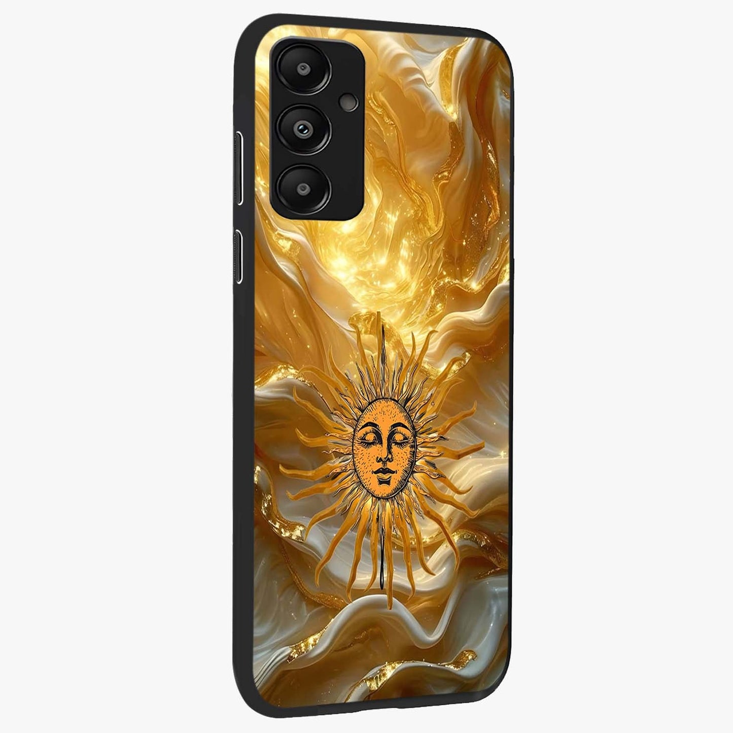 Eternal Golden Glow Glass Case upright view showcasing luminous golden artwork with luxurious visual theme.