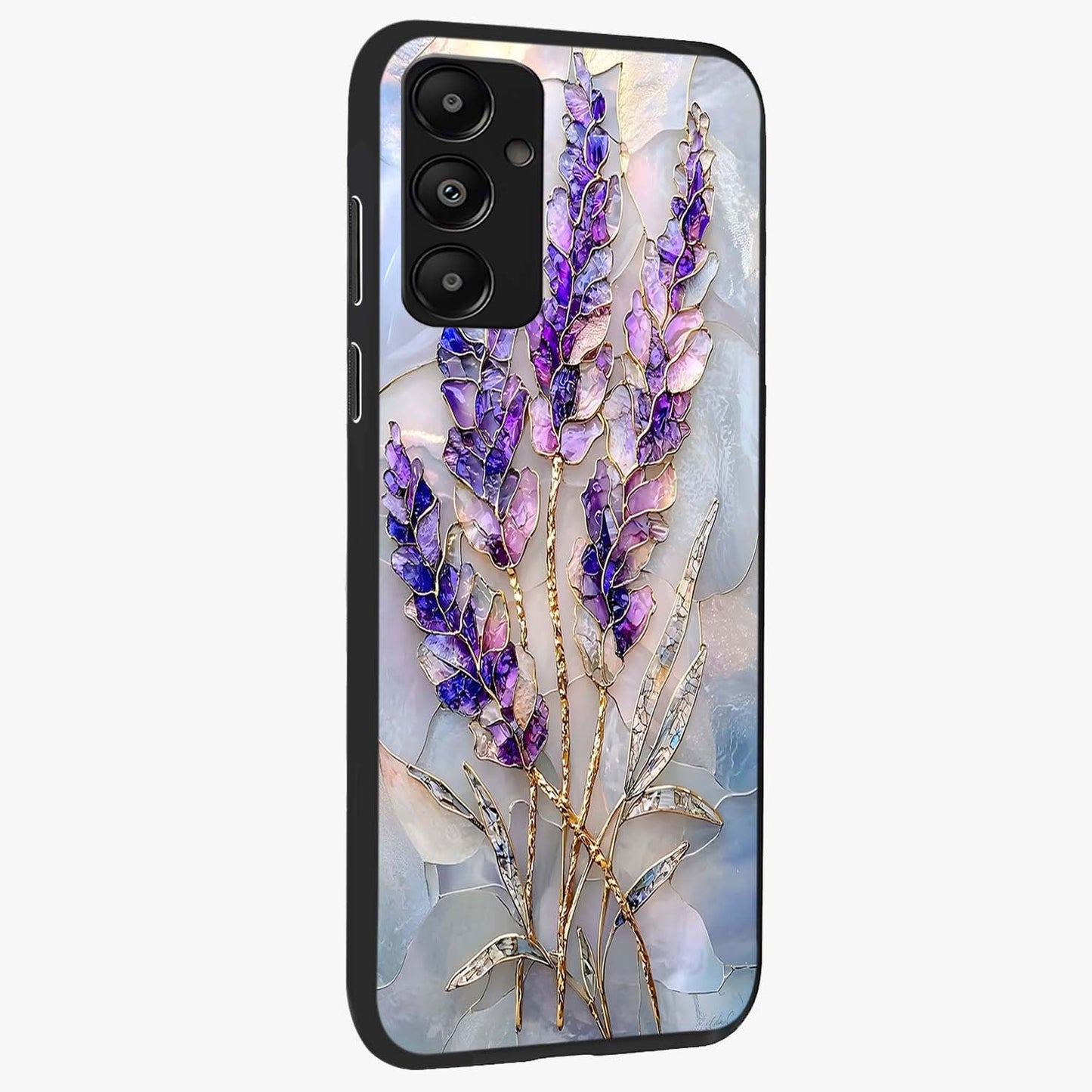 Lavender Dream Glow Glass Case upright view showcasing radiant lavender glow artwork with calming dreamy theme.