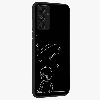 Line Art Boy With Shooting Stars Glass Case upright view showcasing artistic shooting star illustration with minimal style.