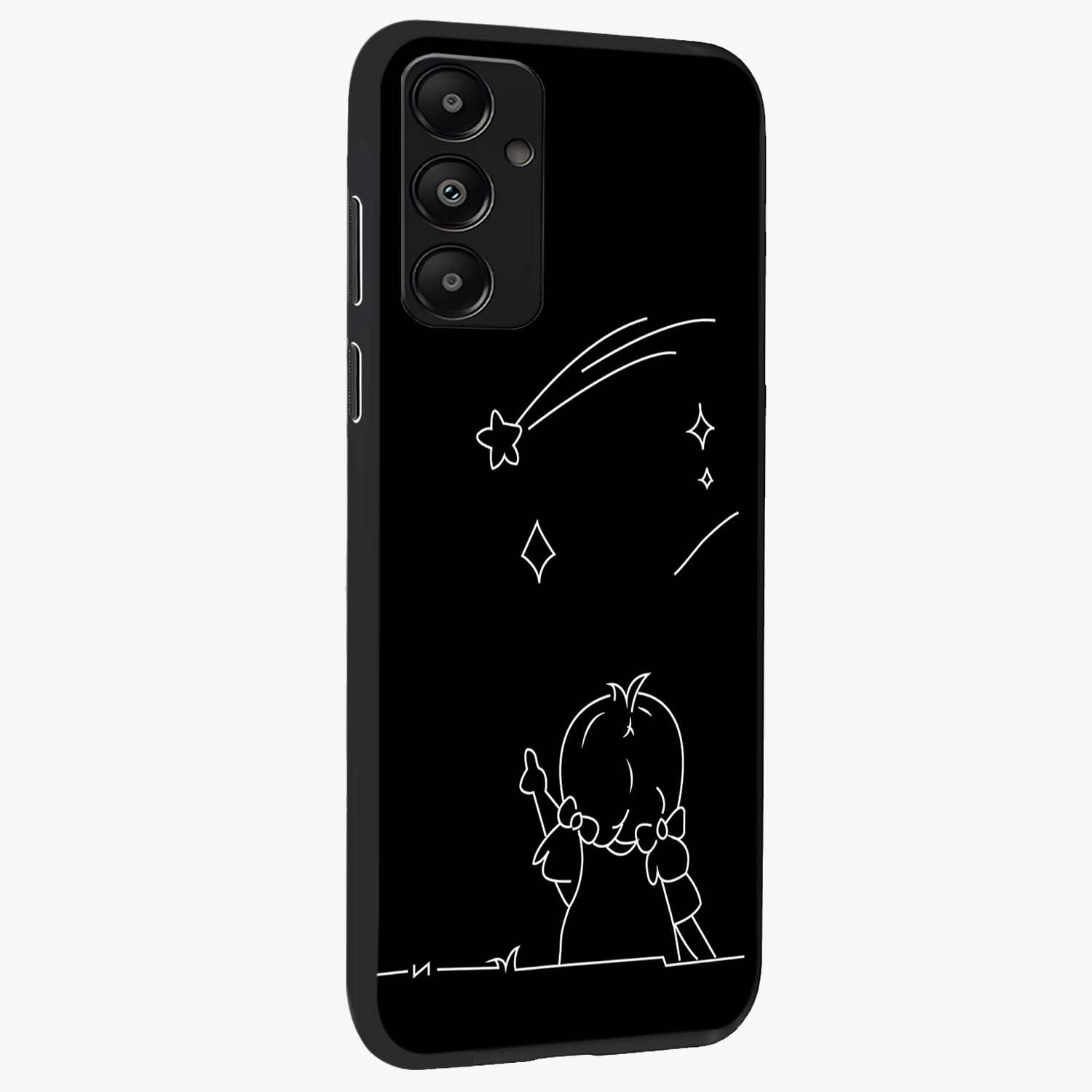 Line Art Girl With Shooting Stars Glass Case upright view showcasing delicate shooting stars artwork with minimal artistic theme.