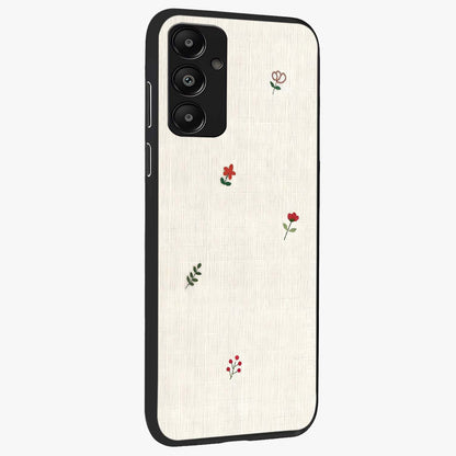 Minimalistic Blue With White Flower Pattern Glass Case upright view showcasing clean white flower artwork with calming blue theme.